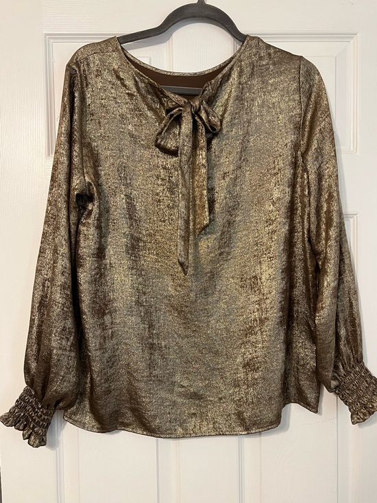 LOFT Metallic Gold Long-Sleeve Blouse - Picture 2 of 5